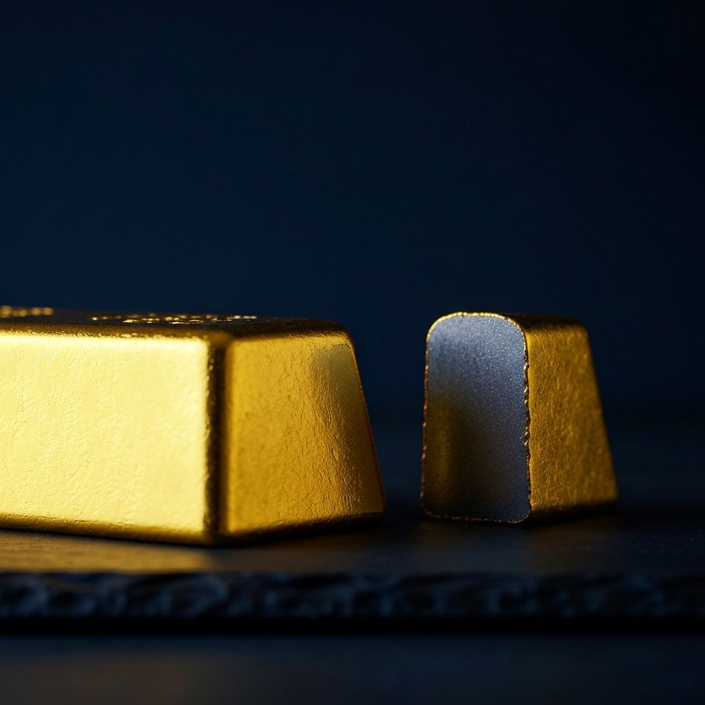 Editorial macro photograph of a gold bar cut to reveal a tungsten core