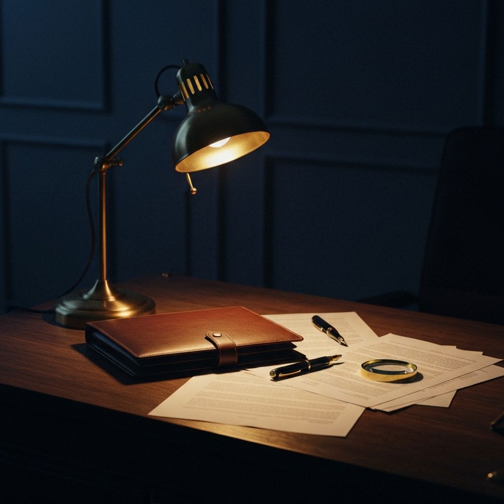 Editorial photograph of a closed leather portfolio under a brass desk lamp at night