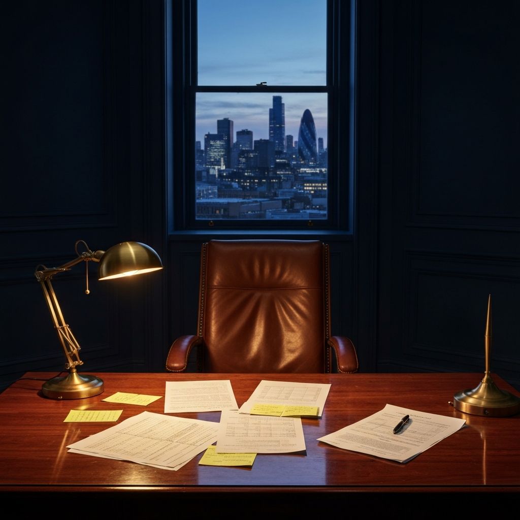 Empty executive office with a brass desk lamp, the City of London visible at dusk through the window