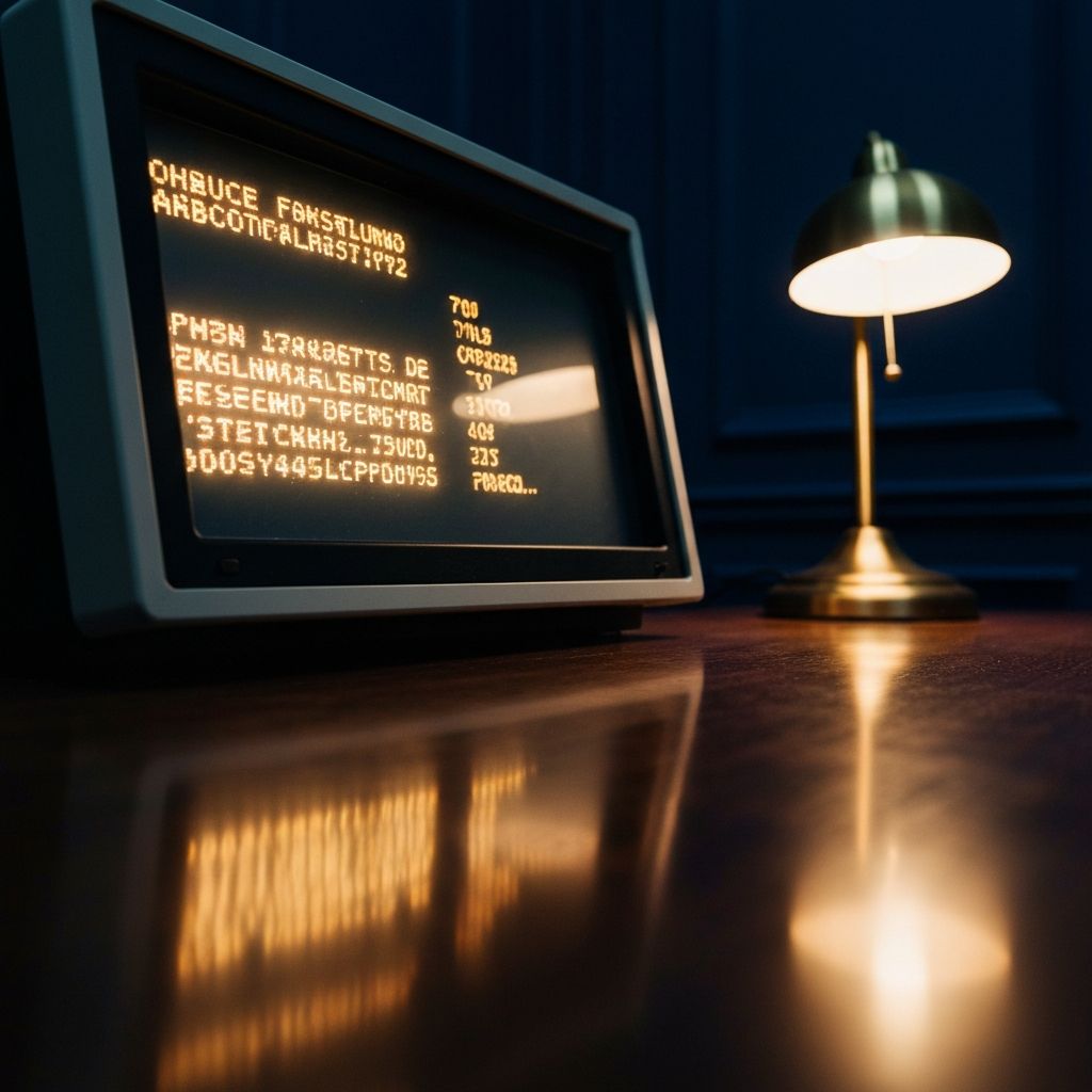 Editorial photograph of a glowing terminal screen reflected on a polished walnut desk, evoking forged SWIFT artefacts